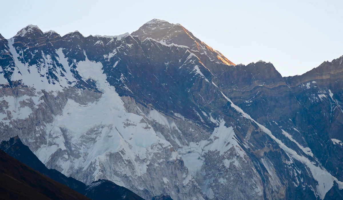 Mount Everest height in Nepal rising above the Himalayan mountain range, seen from Tengboche during Everest Base Camp Trek 