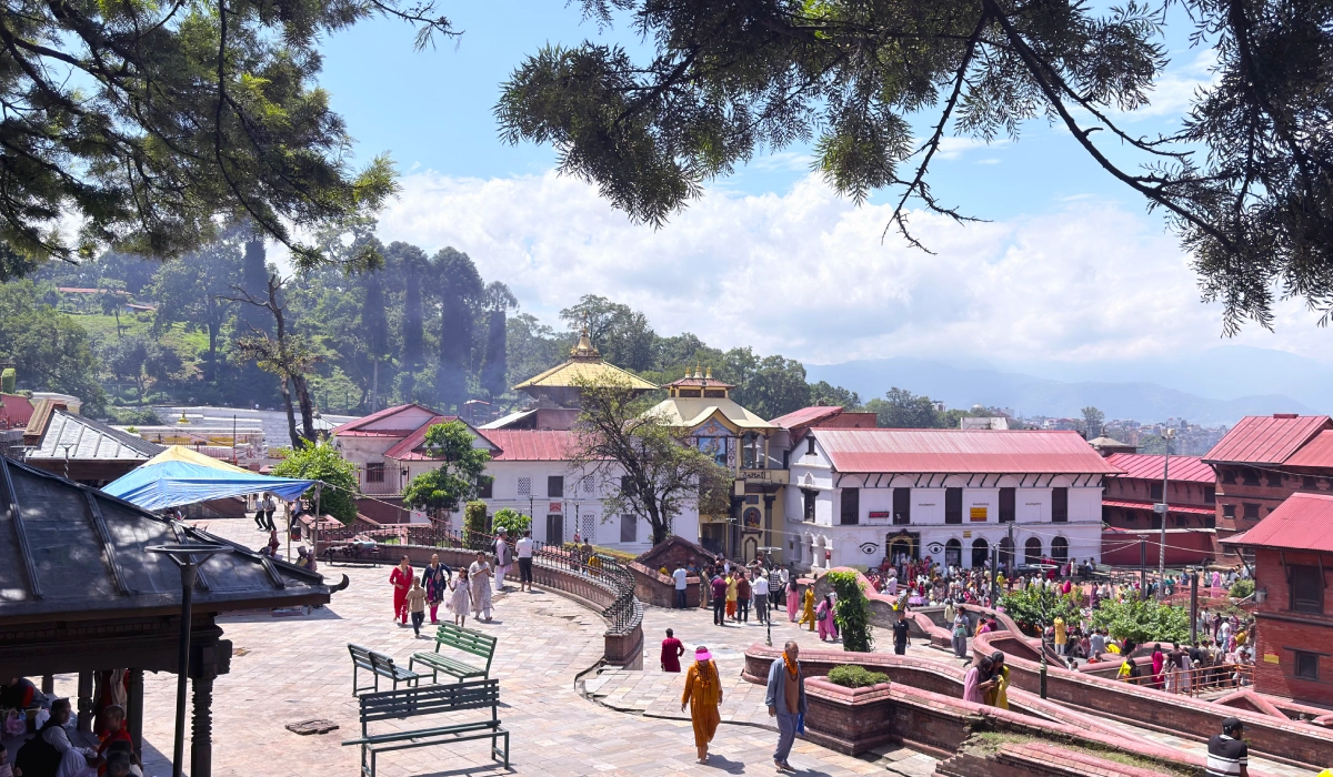 Pashupatinath Temple area with golden temple, historic shrines and surroundings in Kathmandu 