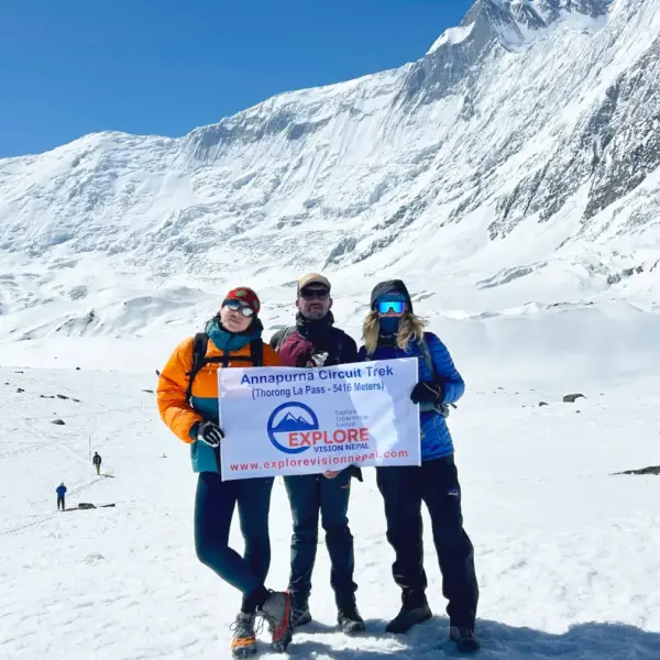 Thorong La Pass at 5416 meters on the Annapurna Circuit Trek in Nepal