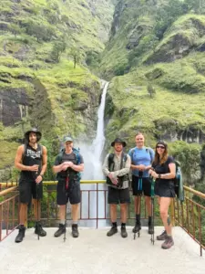 Annapurna Circuit Trek trail with beautiful waterfall at Chamche village in the Annapurna region Nepal