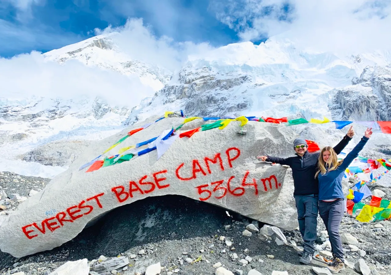 Trekkers at the famous Everest Base Camp rock during the Everest Base Camp Heli Trek with Explore Vision Nepal