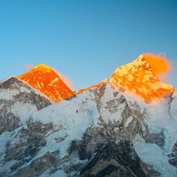 Golden sunset over Mount Everest and Nuptse seen from famous viewpoint of Kala Patthar during the Everest Base Camp Heli Trek in Nepal