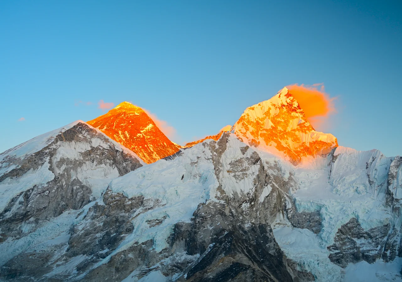Golden sunset over Mount Everest and Nuptse seen from famous viewpoint of Kala Patthar during the Everest Base Camp Heli Trek in Nepal
