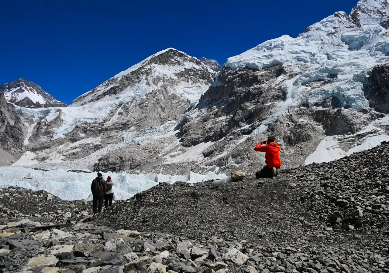 Everest Base Camp overlooking Khumbu Glacier and Khumbu Icefall during the Everest Base Camp Heli Trek Nepal and Spectacular view of Mount Everest