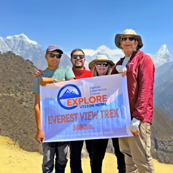 Mount Everest and Himalayan peaks seen during the Everest View Trek in Nepal when trekking with Explore Vision Nepal