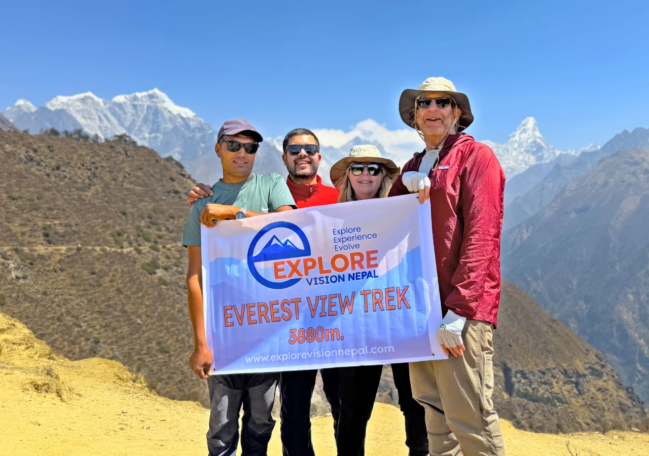 Mount Everest and Himalayan peaks seen during the Everest View Trek in Nepal when trekking with Explore Vision Nepal