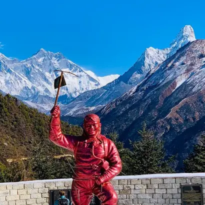Everest View Trek with Mount Everest, Ama Dablam, Lhoste and Tenzing Norgay statue view from Sagarmatha National Park visitor center Nepal