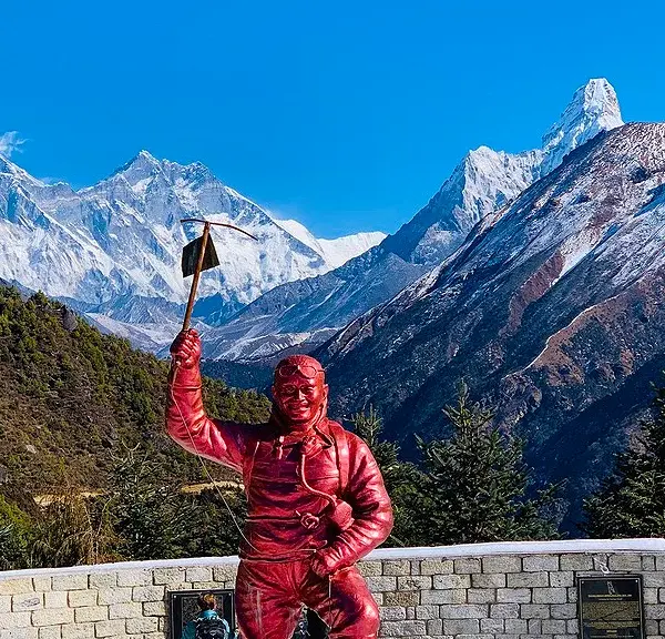 Everest View Trek with Mount Everest, Ama Dablam, Lhoste and Tenzing Norgay statue view from Sagarmatha National Park visitor center Nepal