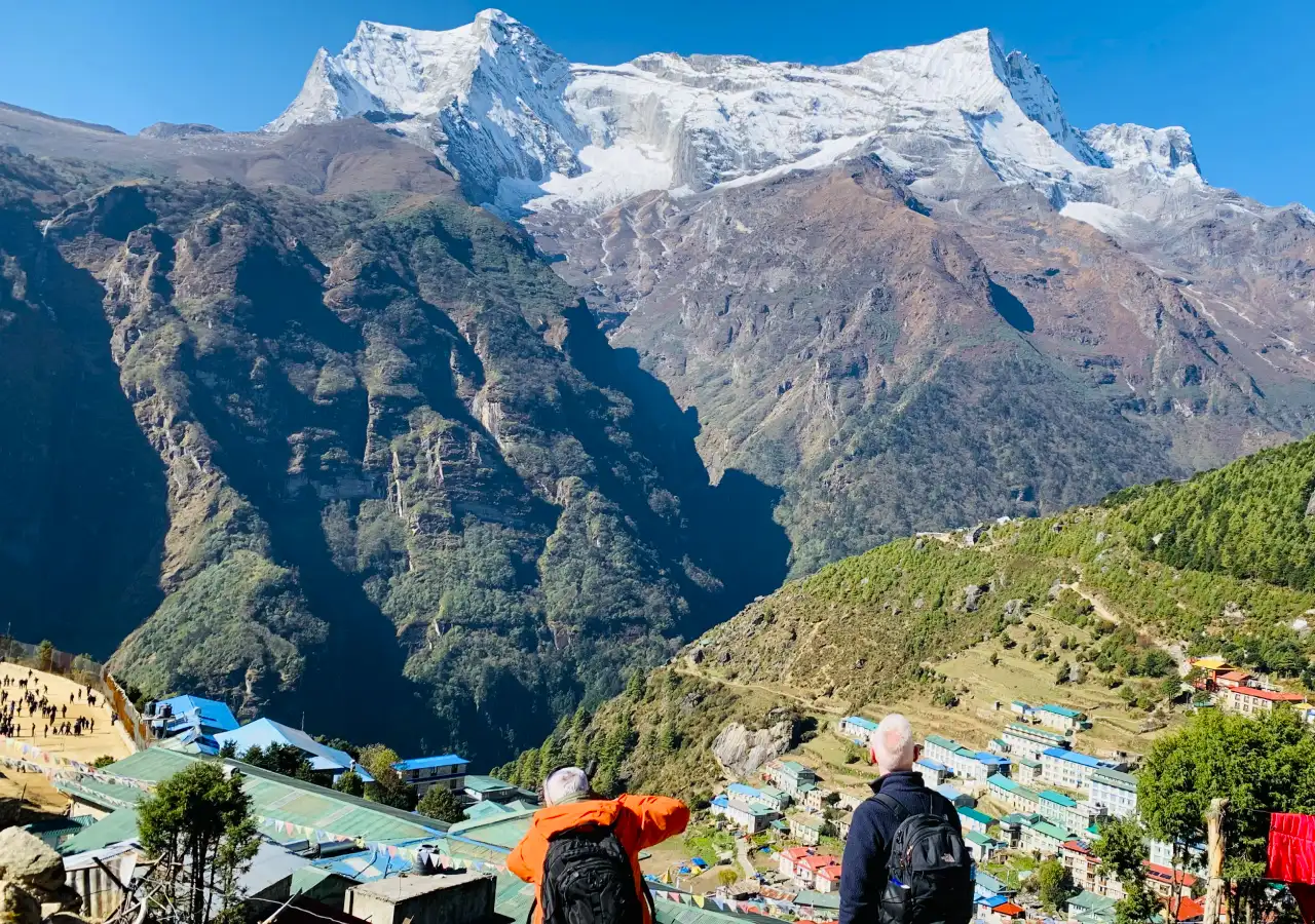 Namche Bazaar and Kongde Peak viewed along the Everest View Trek in Nepal while hiking to Hotel Everest View