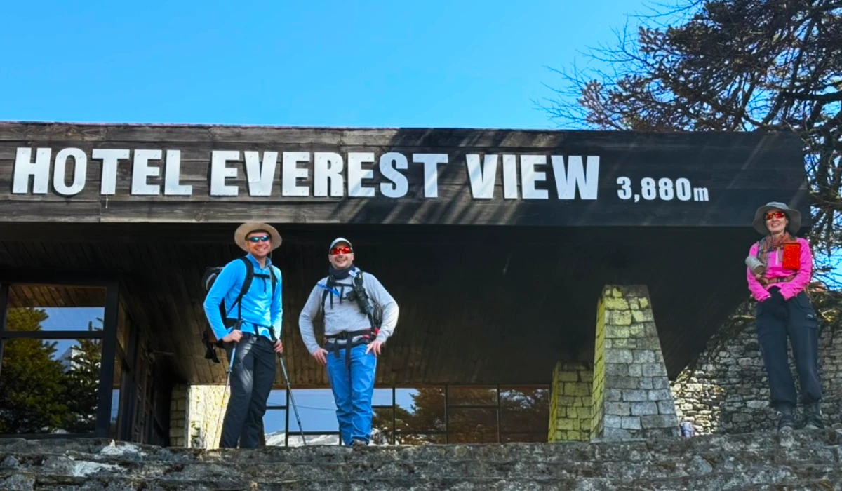 Trekkers at Hotel Everest View above Namche Bazaar while dong acclimatization hike along the EBC trek