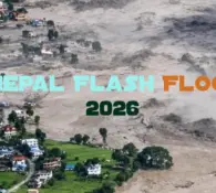 Aerial view of a village severely damaged by the Nepal Flash Flood 2026