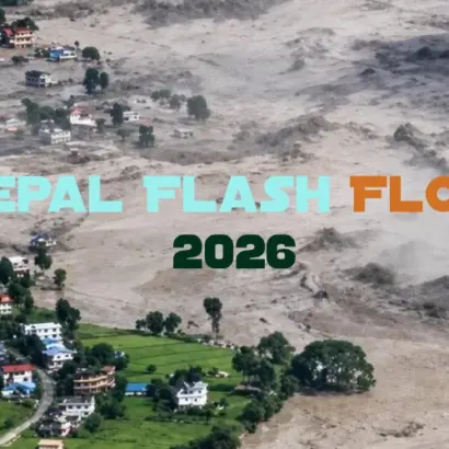Aerial view of a village severely damaged by the Nepal Flash Flood 2026