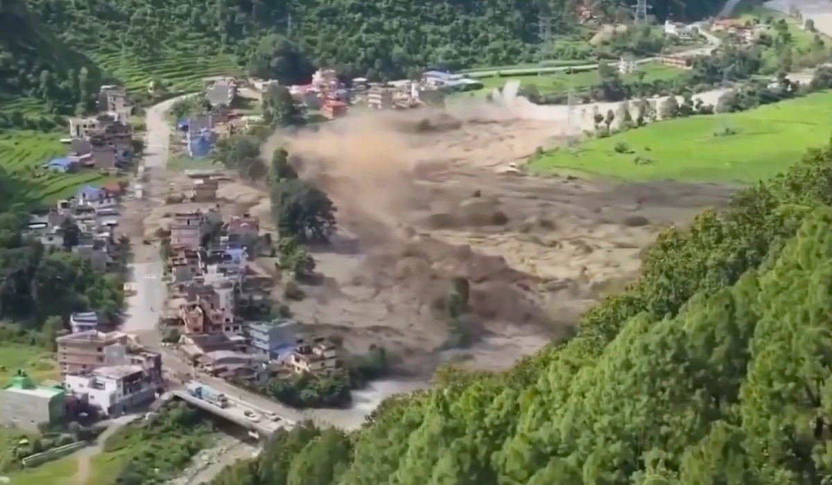 Floodwater surging toward Betrawti town along the Trishuli River in Nuwakot Nepal during Nepal flash flood 2026