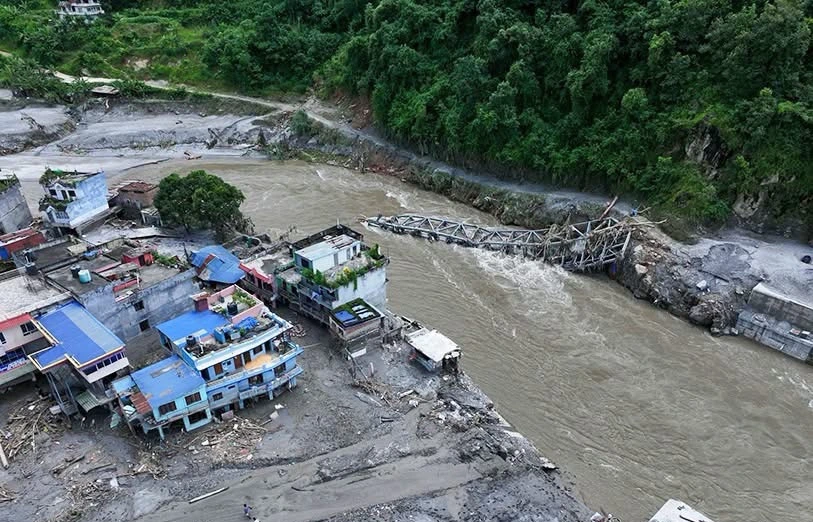 Village destroyed by floodwaters along the Trishuli River in Nepal