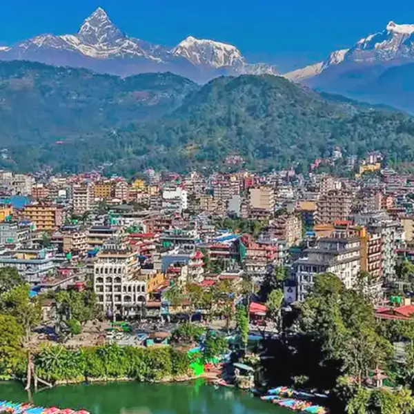 Pokhara Nepal with Phewa Lake, lakeside city and Himalayan mountain views