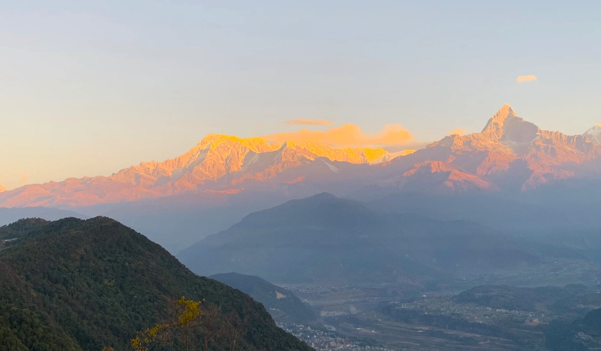 Sunset over the Annapurna mountain range viewed from Sarangkot near Pokhara Nepal