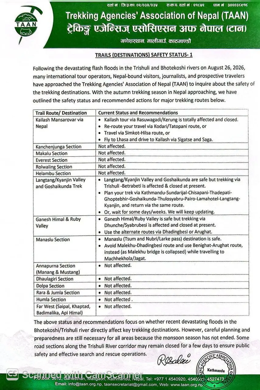 Trekking agencies' association of Nepal (TAAN) notice about the affected trekking trail and mountain region following the Nepal Flash Flood 2026. 