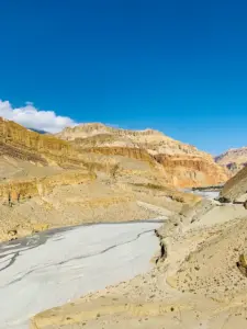 River flowing through the dramatic landscape of Upper Mustang Nepal with Mustang Nepal Trekking Route