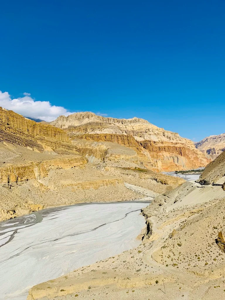 River flowing through the dramatic landscape of Upper Mustang Nepal with Mustang Nepal Trekking Route