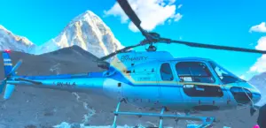 Everest Base Camp Trek with Helicopter Return at Gorakshep with Mount Pumori view and helicopter standby to take people down to Lukla