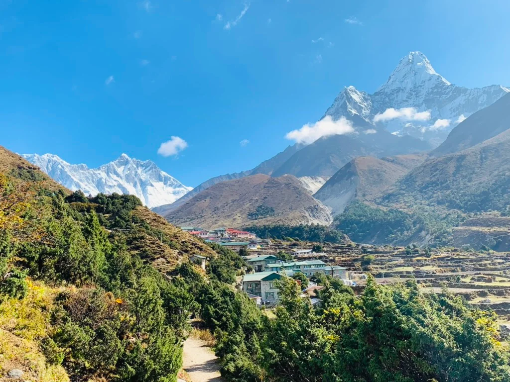 Pangboche Village and Mount Ama Dablam on the Everest base camp trek route 