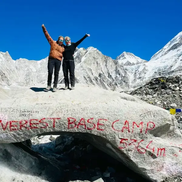 Everest Base Camp Trek with Helicopter Return group celebrating at Everest Base Camp (5,364 m)