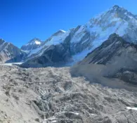 History of the Everest Base Camp route and EBC trek with Himalayan mountains and Khumbu Glacier in Nepal