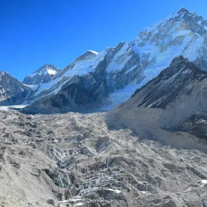 History of the Everest Base Camp route and EBC trek with Himalayan mountains and Khumbu Glacier in Nepal