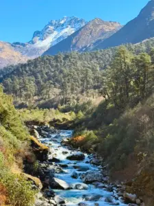 Mountain valley and river along the Kanchenjunga trekking trail in Nepal