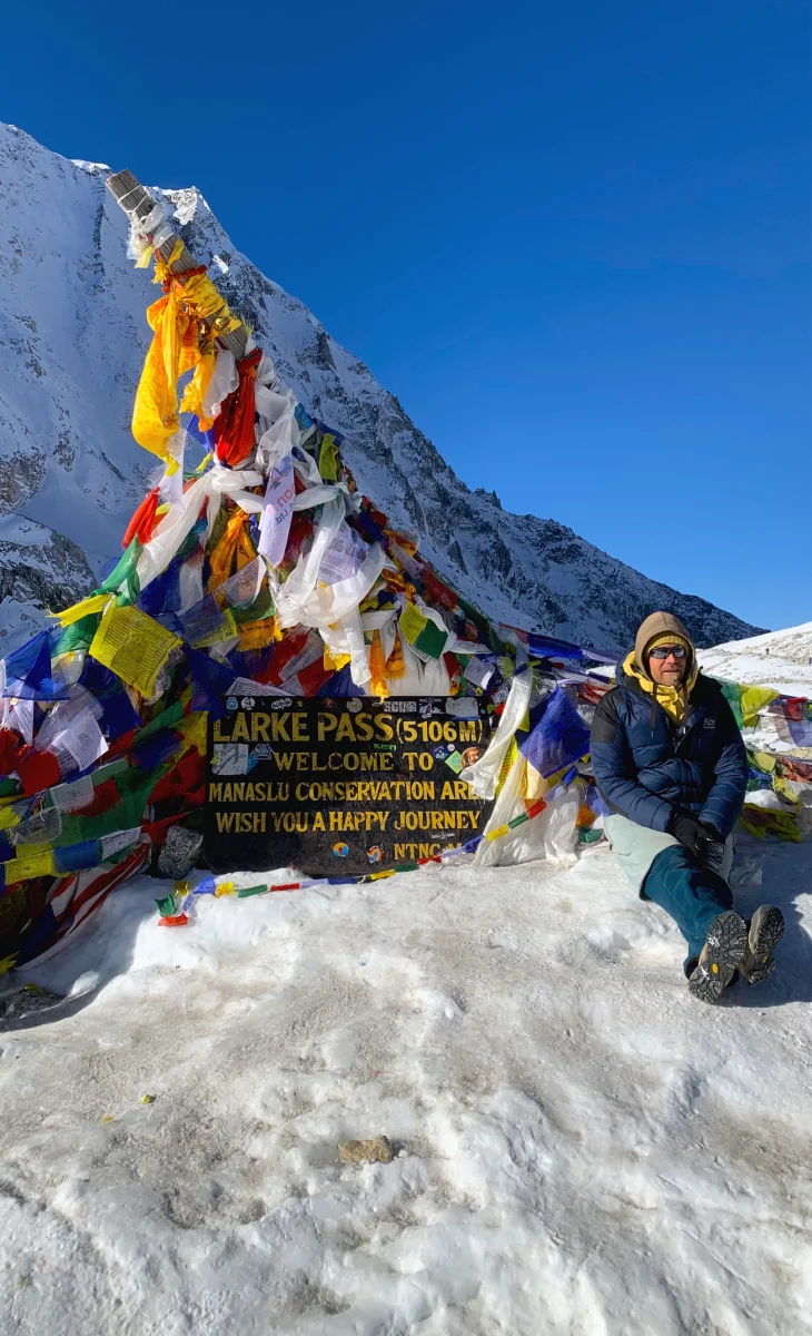 Larkya La Pass summit view, the highest point of the Manaslu Circuit Base Camp Trek