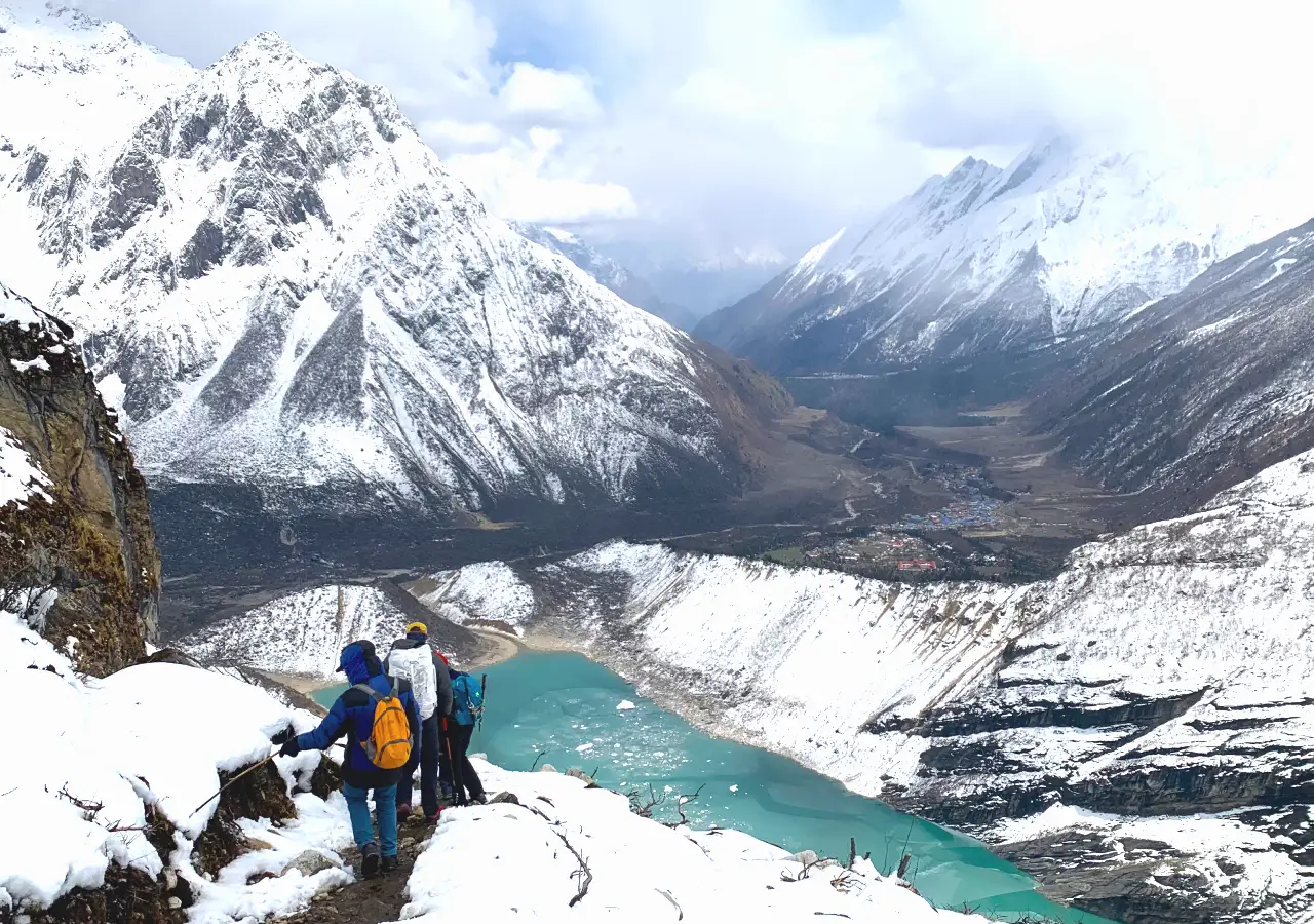 Samagaun village and Manaslu valley landscape on the Manaslu Circuit Trek during hike to Manaslu Base Camp